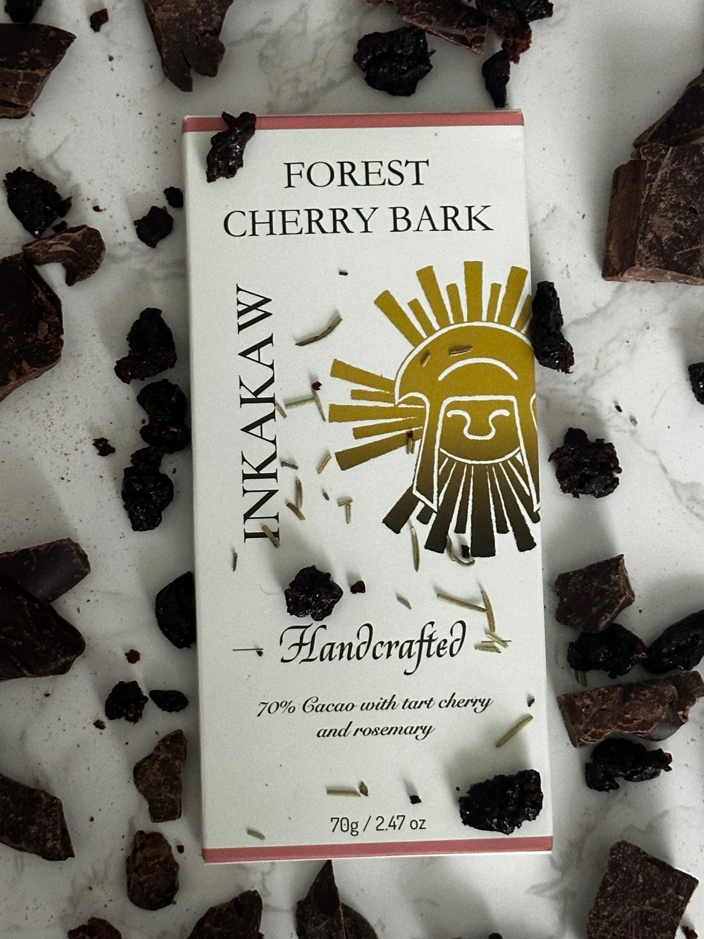 Handcrafted 70% Tart Cherry & Rosemary chocolate bar